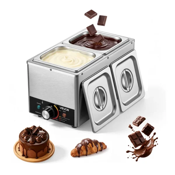 0cd4a9be-c44b-4fac-9607-321df531fb95.jpg VEVOR - Chocolate Melting Machine, 3 Cook Modes, 2 Tanks 9 Lbs Choc Melter, 86℉ - 230℉, 3 Cook Modes, 800W Power - Silver;Black