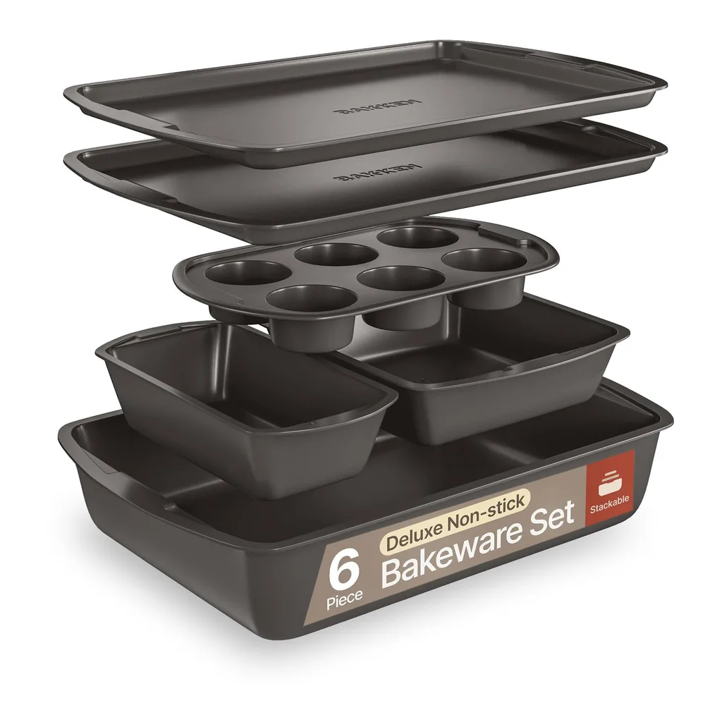 0dad49d0-269c-4d44-ad57-8a236ae57fc7.jpg Bakken- Swiss - Bakken Swiss - Bakeware Set – 6 Piece – Stackable, Deluxe, Non-Stick Baking Pans for Professional and Home Cooking – Car - Gray