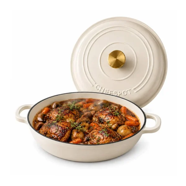 0dbc4ff2-1d48-4270-be18-037c1bea49d4.jpg CHEFSPOT - 3.5-Quart Enameled Cast Iron Braiser Pan with Self-Basting Lid - Cream