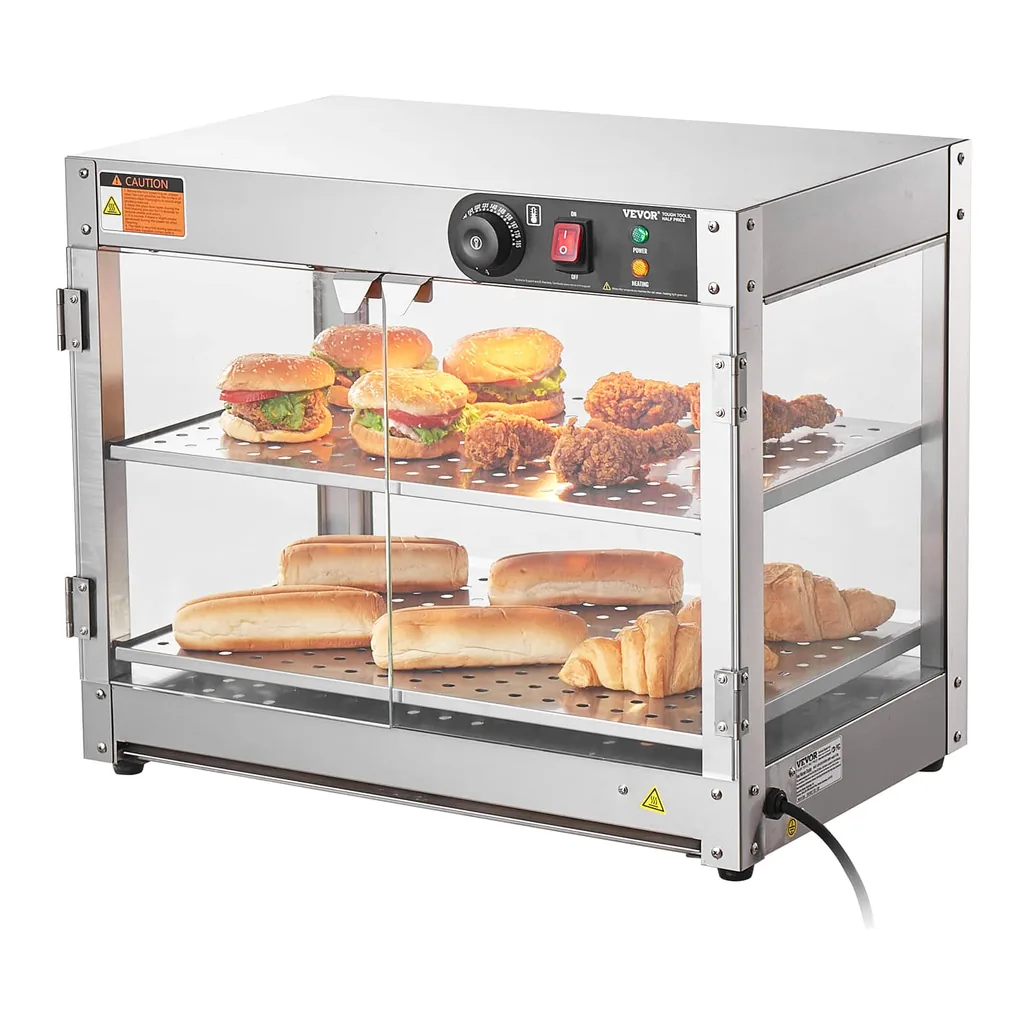 0de8fa25-531f-4c49-bcea-a8c3f9f524cf.jpg VEVOR NB-02 2-Tier Commercial Food Warmer Display, 800W Food Display Warmer with Light to Enhance Food Display, 86℉~185℉ Temperature – Silver