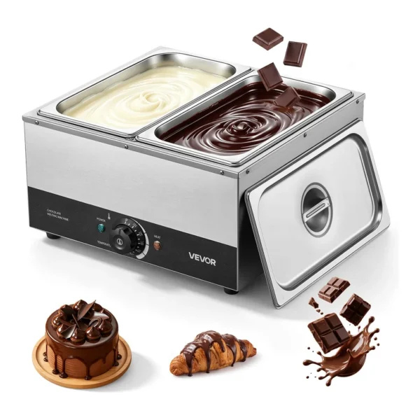 0eb7ff4e-5c51-44e8-9cd3-ebba67605b51.jpg VEVOR - Chocolate Melting Machine, 2 Tanks 17.6 Lbs Choc Commercial Melter, 1200W High Power, Water Bath Heating System - Silver;Black