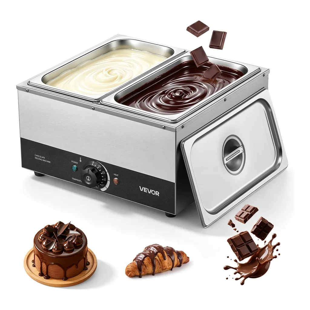0eb7ff4e-5c51-44e8-9cd3-ebba67605b51.jpg VEVOR - Chocolate Melting Machine, 2 Tanks 17.6 Lbs Choc Commercial Melter, 1200W High Power, Water Bath Heating System - Silver;Black