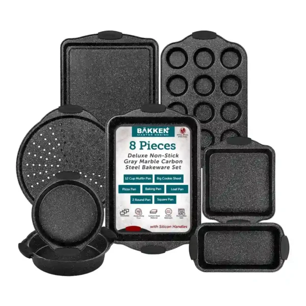 0fcc50cc-ce62-4b23-b72a-e8608704529c.jpg Bakken- Swiss - BAKKEN 8-Piece Kitchen Oven Baking Pans Set - Deluxe Nonstick Coating, Professional Grade Carbon Steel Bakew - Gray Marble