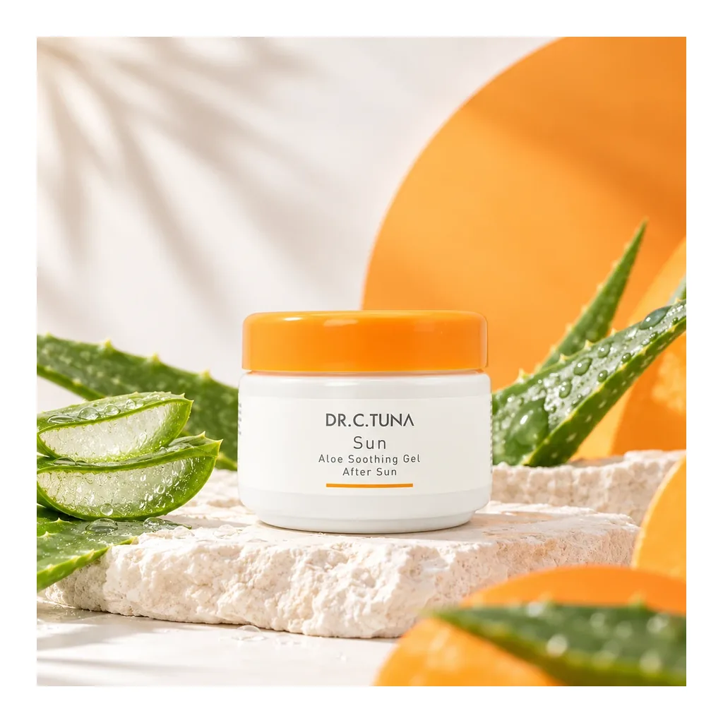 FARMASI Dr. C. Tuna Sun Aloe Soothing Gel After Sun – Jar in an aloe decorative scene; accessories not included FARMASI Dr. C. Tuna Sun Aloe Soothing Gel After Sun – Jar in an aloe decorative scene; accessories not included