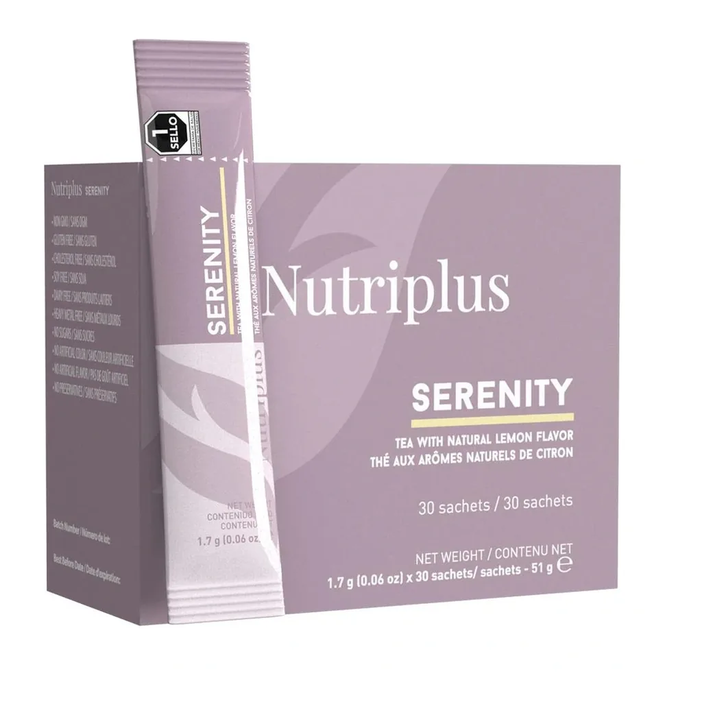 FARMASI Nutriplus Serenity Lemon Tea – Official box and sachet on white background FARMASI Nutriplus Serenity Lemon Tea – Official box and sachet on white background