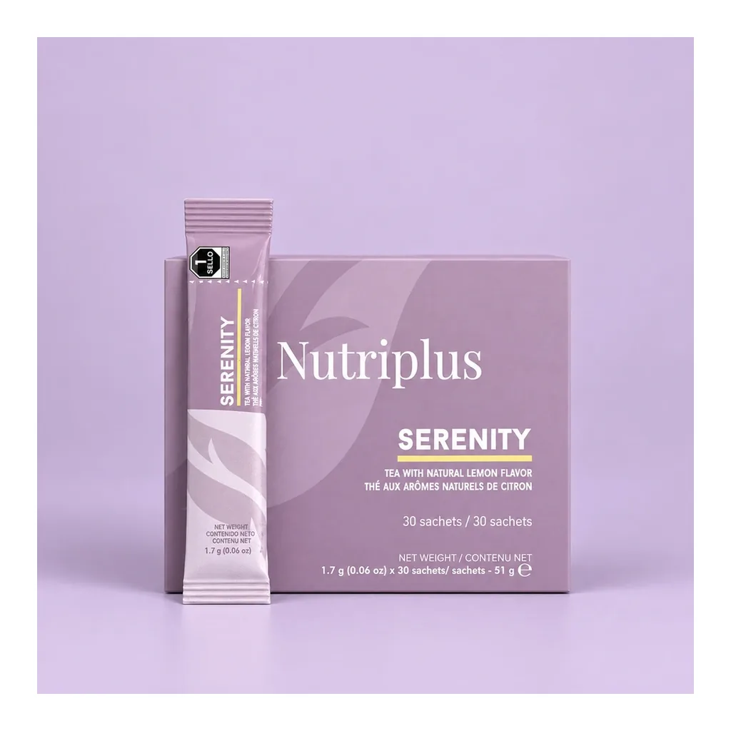 FARMASI Nutriplus Serenity Lemon Tea – Box and sachet in lavender decorative scene FARMASI Nutriplus Serenity Lemon Tea – Box and sachet in lavender decorative scene