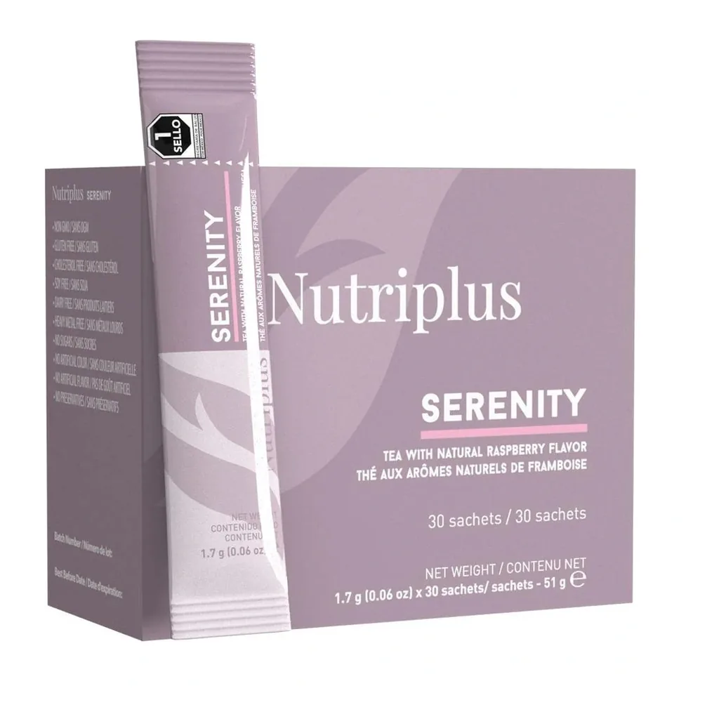 FARMASI Nutriplus Serenity Raspberry Tea – Official box and sachet on white background FARMASI Nutriplus Serenity Raspberry Tea – Official box and sachet on white background