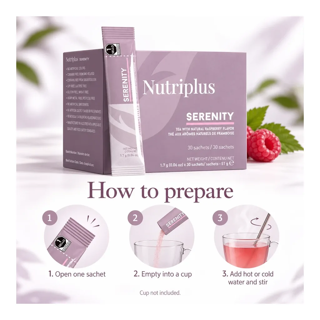 FARMASI Nutriplus Serenity Raspberry Tea – Open sachet, empty into a cup, add hot or cold water and stir FARMASI Nutriplus Serenity Raspberry Tea – Open sachet, empty into a cup, add hot or cold water and stir