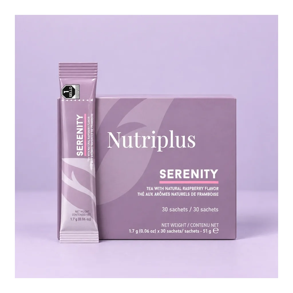 FARMASI Nutriplus Serenity Raspberry Tea – Box and sachet in a lavender decorative scene FARMASI Nutriplus Serenity Raspberry Tea – Box and sachet in a lavender decorative scene