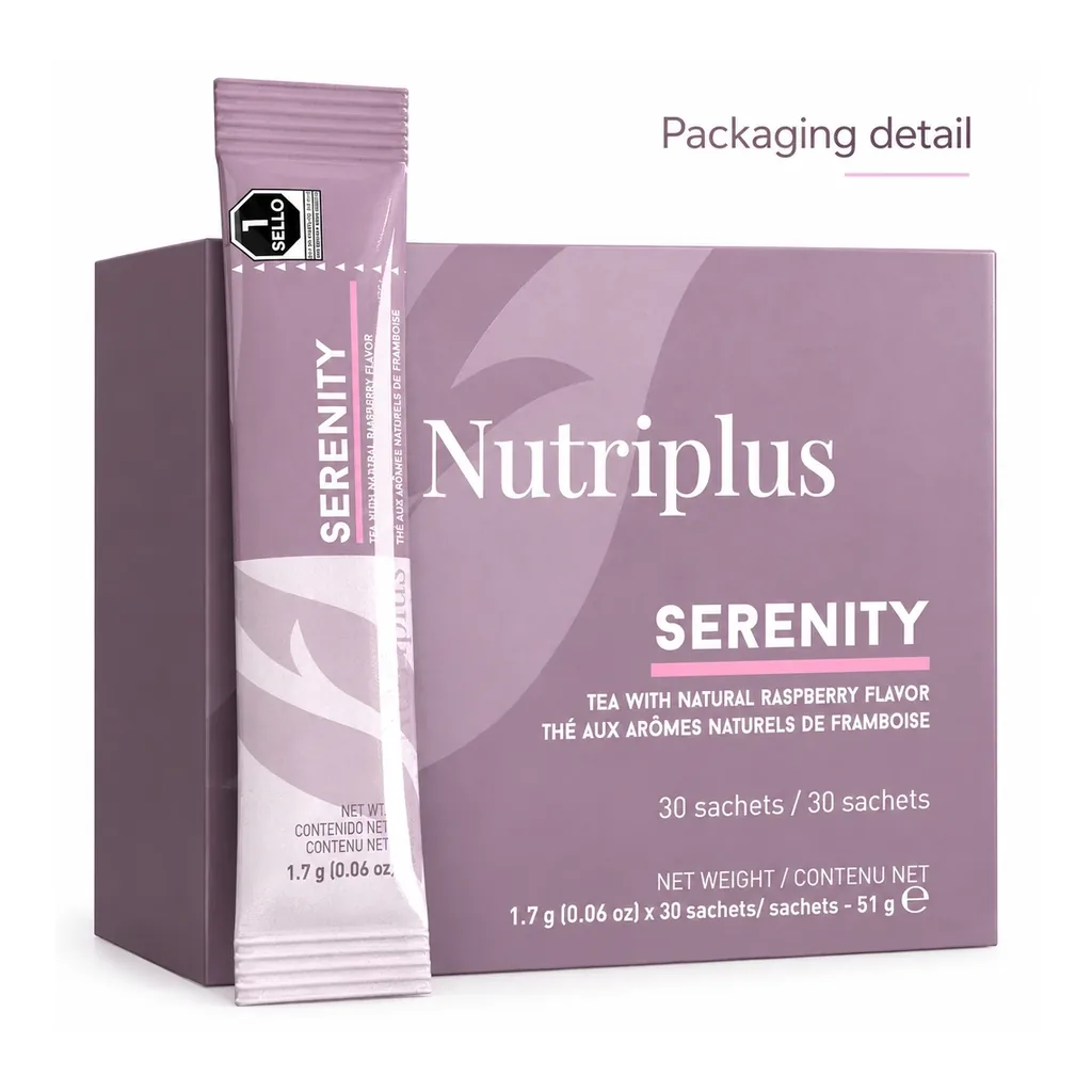 FARMASI Nutriplus Serenity Raspberry Tea – Front box and sachet packaging detail FARMASI Nutriplus Serenity Raspberry Tea – Front box and sachet packaging detail
