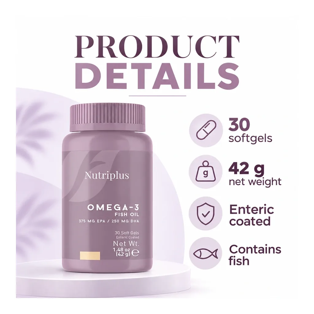 FARMASI Nutriplus Omega-3 – 30 enteric-coated softgels, 42 g net weight, contains fish FARMASI Nutriplus Omega-3 – 30 enteric-coated softgels, 42 g net weight, contains fish