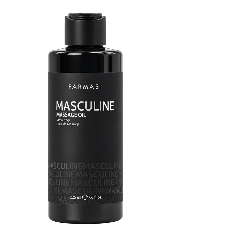FARMASI Masculine Massage Oil – 225 mL bottle on white background FARMASI Masculine Massage Oil – 225 mL bottle on white background