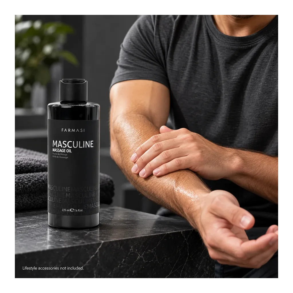 FARMASI Masculine Massage Oil – Adult massaging a forearm; lifestyle accessories not included FARMASI Masculine Massage Oil – Adult massaging a forearm; lifestyle accessories not included