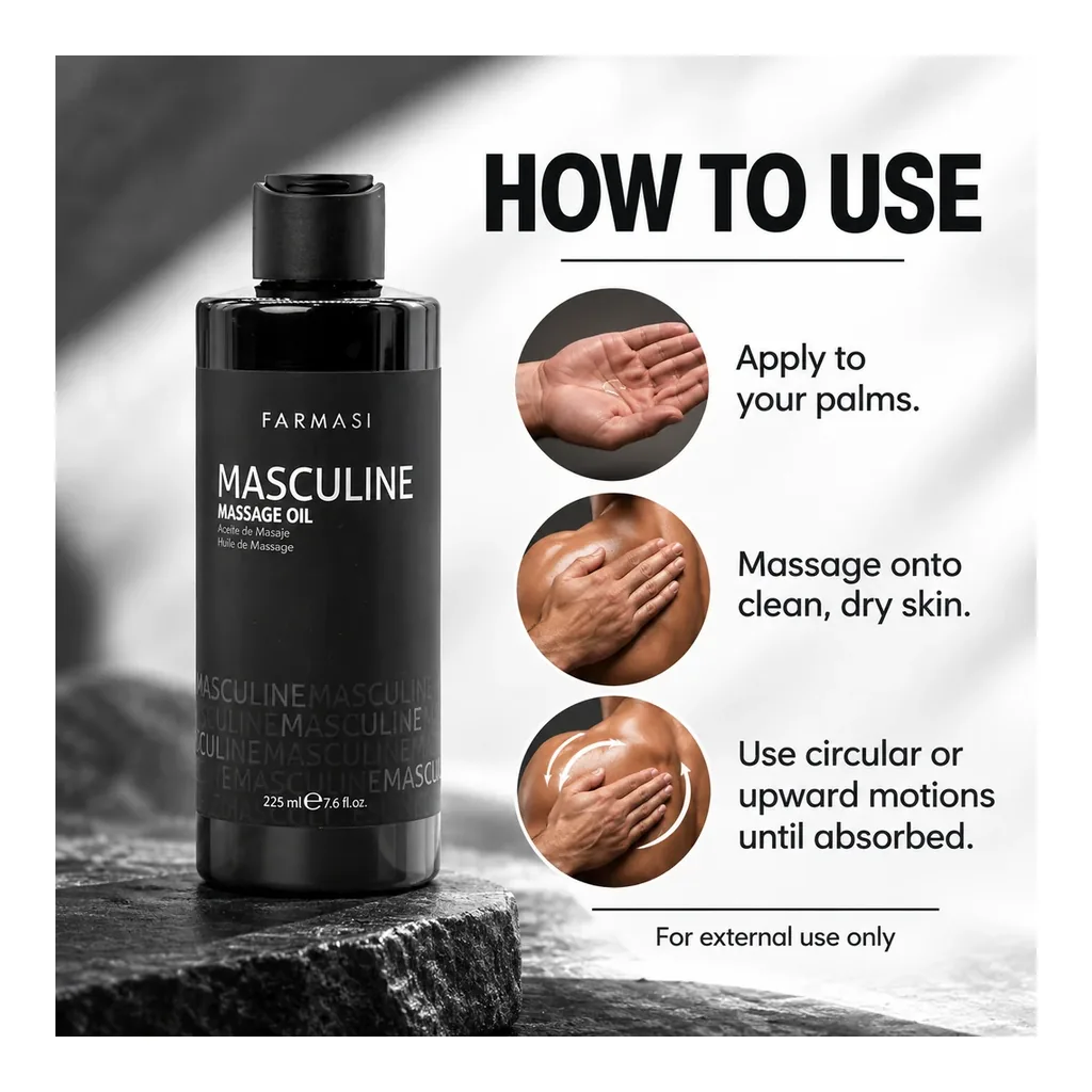 FARMASI Masculine Massage Oil – Apply to palms and massage onto clean dry skin FARMASI Masculine Massage Oil – Apply to palms and massage onto clean dry skin
