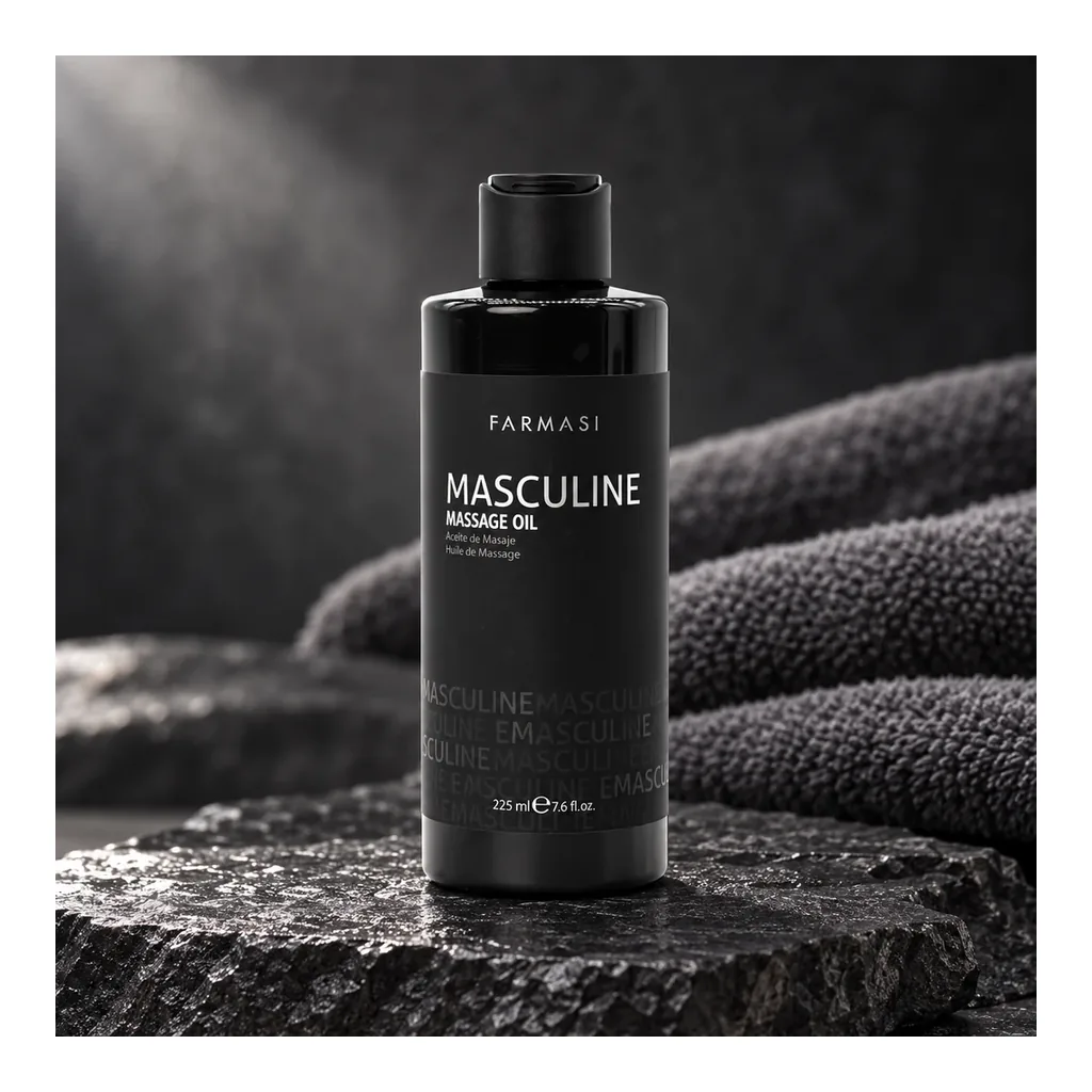 FARMASI Masculine Massage Oil – Bottle in a charcoal decorative scene; accessories not included FARMASI Masculine Massage Oil – Bottle in a charcoal decorative scene; accessories not included