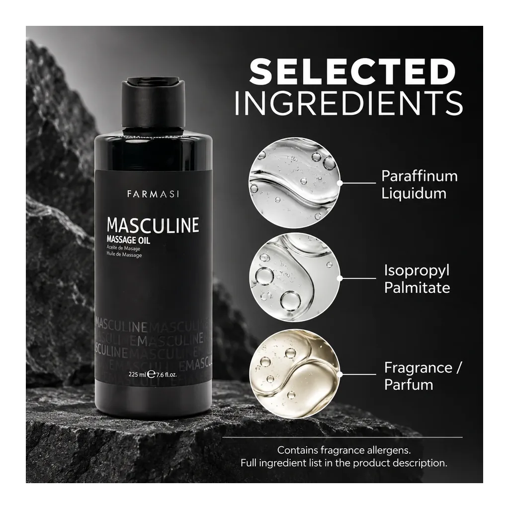 FARMASI Masculine Massage Oil – Selected ingredients: paraffinum liquidum, isopropyl palmitate and fragrance FARMASI Masculine Massage Oil – Selected ingredients: paraffinum liquidum, isopropyl palmitate and fragrance
