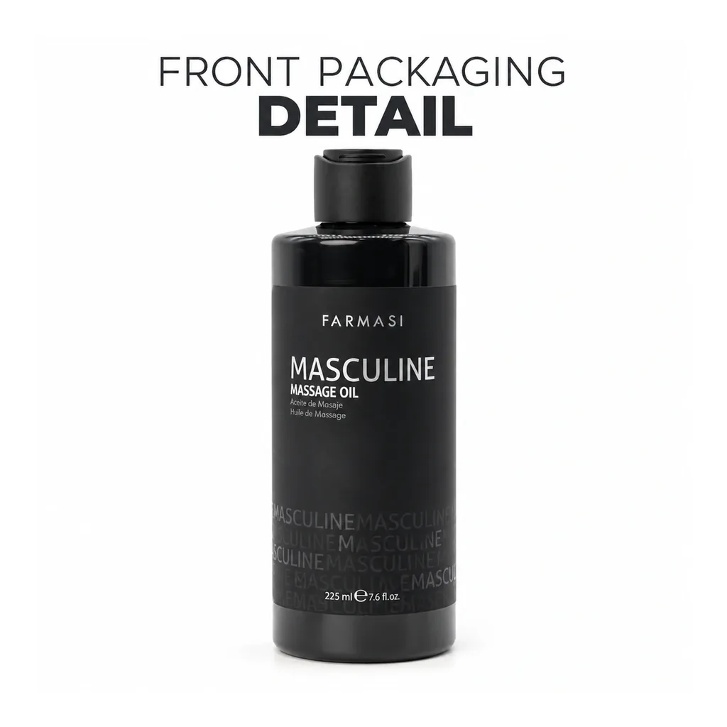 FARMASI Masculine Massage Oil – Front bottle packaging detail, 225 mL FARMASI Masculine Massage Oil – Front bottle packaging detail, 225 mL