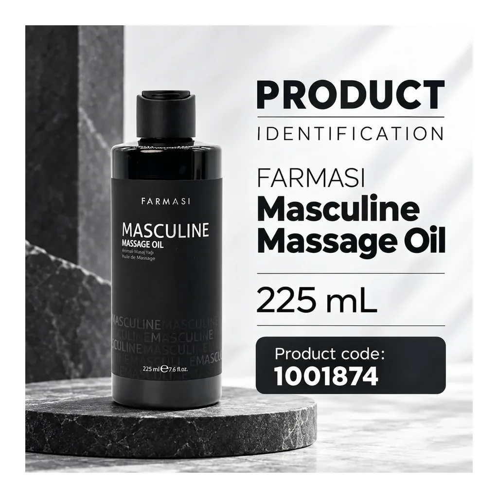 FARMASI Masculine Massage Oil – Product code 1001874 and 225 mL identification FARMASI Masculine Massage Oil – Product code 1001874 and 225 mL identification