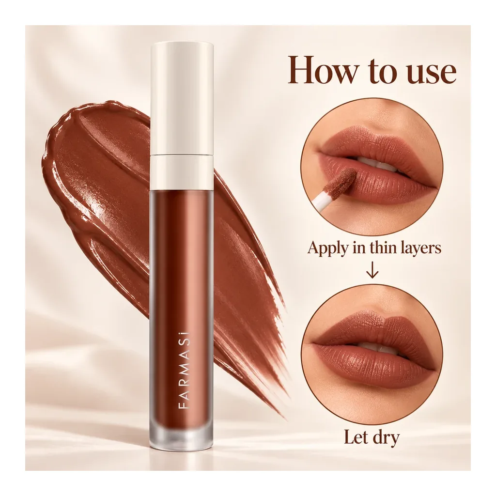 FARMASI Matte Liquid Lipstick Fall Edition Determined — Directions for use FARMASI Matte Liquid Lipstick Fall Edition in shade Determined, directions for use