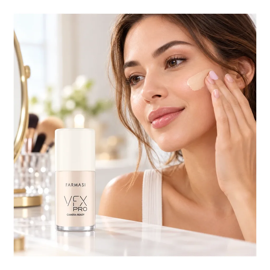 FARMASI VFX PRO Camera Ready Foundation 00 Alabaster — Usage scene FARMASI VFX PRO Camera Ready Foundation in shade 00 Alabaster, usage scene
