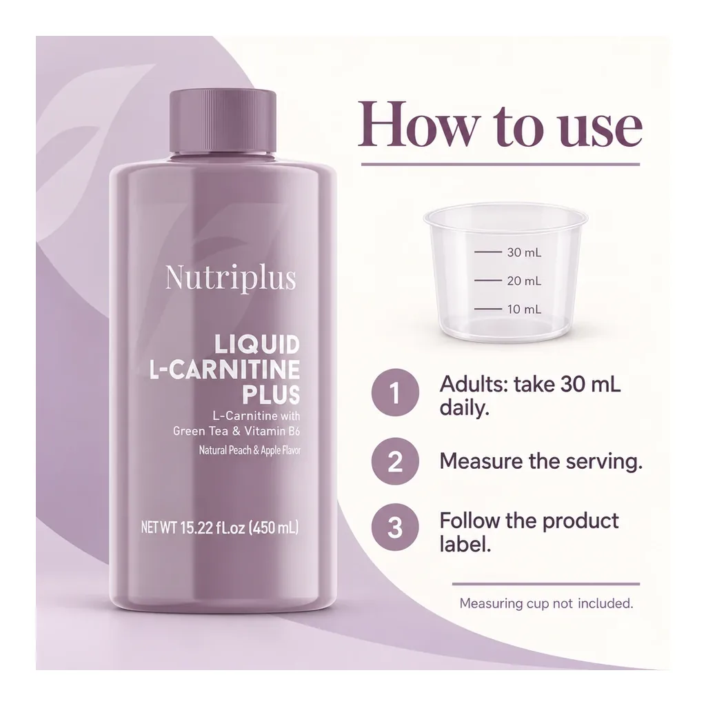 FARMASI Nutriplus L-Carnitine Apple & Peach – Adults take 30 mL daily; measuring cup not included FARMASI Nutriplus L-Carnitine Apple & Peach – Adults take 30 mL daily; measuring cup not included