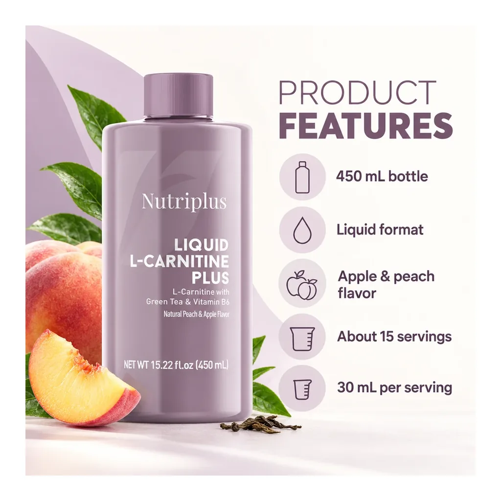 FARMASI Nutriplus L-Carnitine Apple & Peach – 450 mL liquid bottle, apple and peach flavor, about 15 servings FARMASI Nutriplus L-Carnitine Apple & Peach – 450 mL liquid bottle, apple and peach flavor, about 15 servings