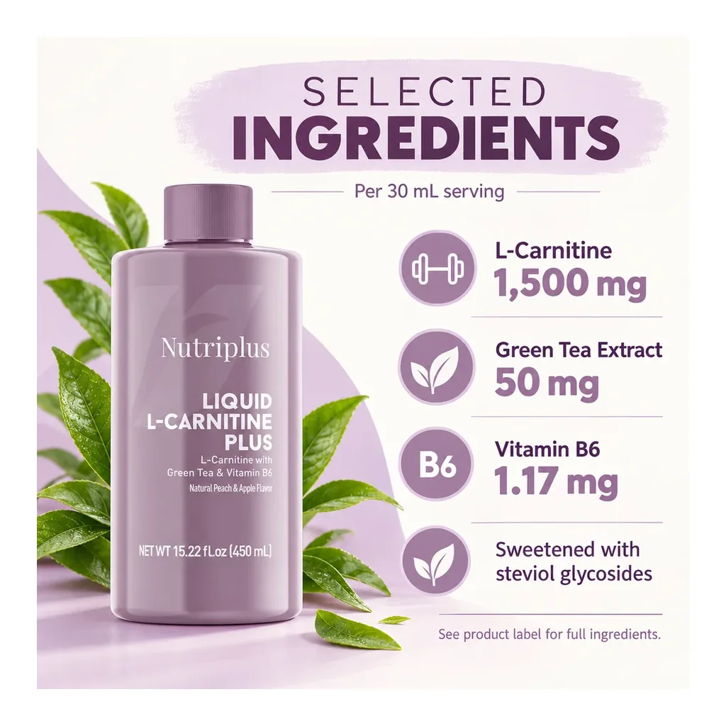 FARMASI Nutriplus L-Carnitine Apple & Peach – Selected ingredients per 30 mL: L-carnitine 1500 mg, green tea extract 50 mg, vitamin B6 1.17 mg FARMASI Nutriplus L-Carnitine Apple & Peach – Selected ingredients per 30 mL: L-carnitine 1500 mg, green tea extract 50 mg, vitamin B6 1.17 mg