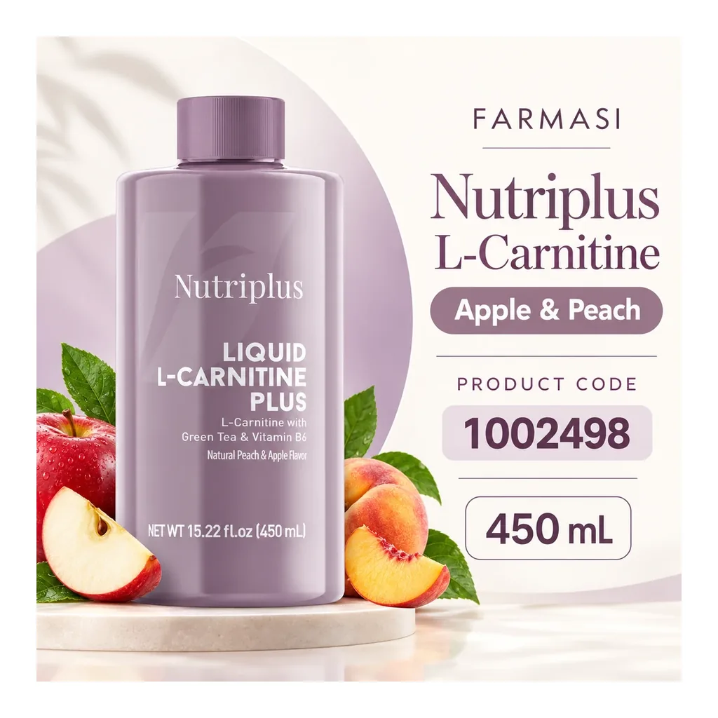 FARMASI Nutriplus L-Carnitine Apple & Peach – Product code 1002498 and 450 mL bottle FARMASI Nutriplus L-Carnitine Apple & Peach – Product code 1002498 and 450 mL bottle