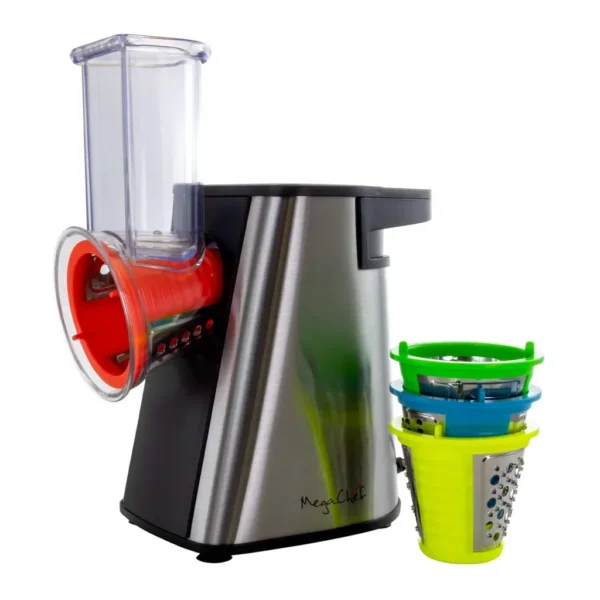 10d446e5-7ba9-4f21-9d0c-55b89777e8e8.jpg MegaChef 310112283M 4 in 1 Stainless Steel Electric Salad Maker with One-Touch Control and Attachments – Silver