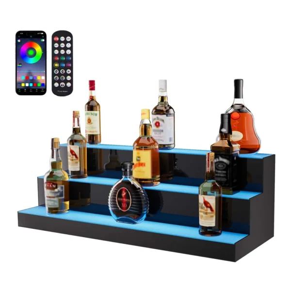 11083db8-74bc-4f1e-9635-9442dc83d724.jpg VEVOR - LED Lighted Liquor Bottle Display, 3 Tiers 30 Inch Commercial Illuminated Home Bar Shelf, 3 Steps Whiskey Rack Stand - Transparent