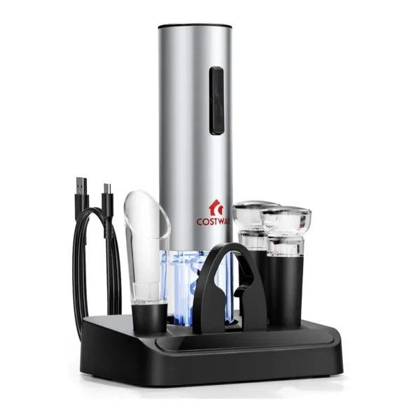 1110a56c-b8bd-4d0b-bb9f-4c21fc09399e.jpg Costway - 6 in 1Electric Wine Bottle Opener Set Rechargeable Cordless Corkscrew Opener Set - Black + Transparent