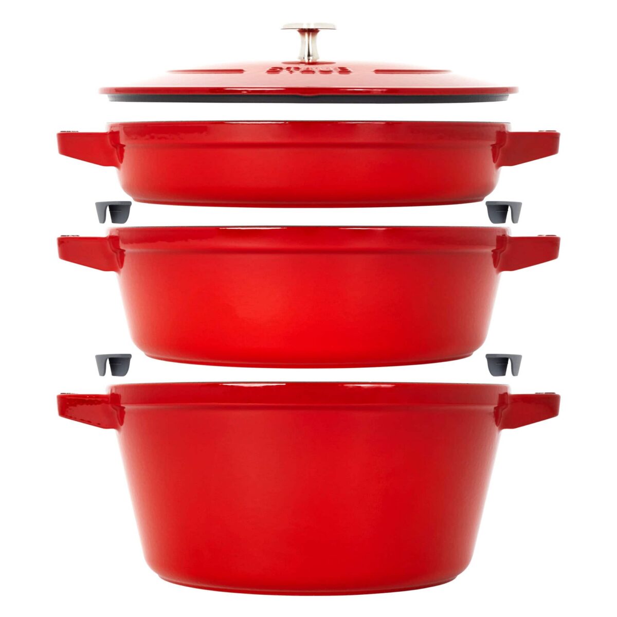 114eee31-a67c-41db-b09b-8a2a555f9aa3.jpg Staub - Cast Iron Set 4-pc, Stackable Space-Saving Cookware Set, Dutch Oven with Universal Lid, Made in France - Cherry