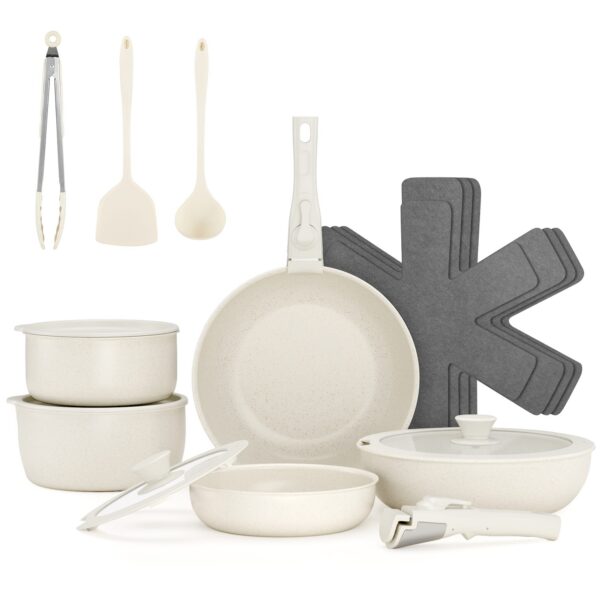1183d2c0-7f5a-499b-b01f-d11f0a971ca7.jpg Sugift - 18-Piece Non-Stick Cookware Set with Silicone Tools, Detachable Handles - Beige