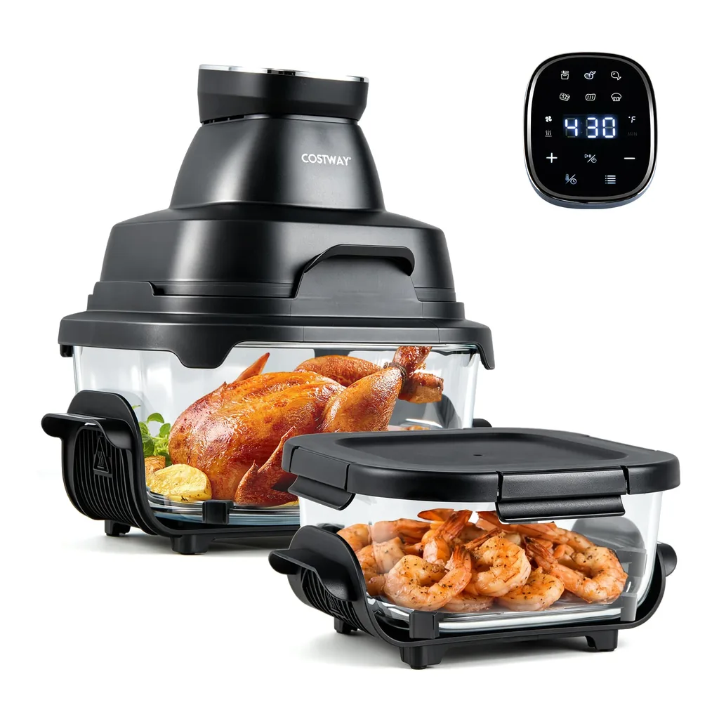 12596564_sd.jpg Costway - 6-in-1 Portable Glass Air Fryer, 4.4QT & 1.8QT Dual Glass Containers with Lids - Black
