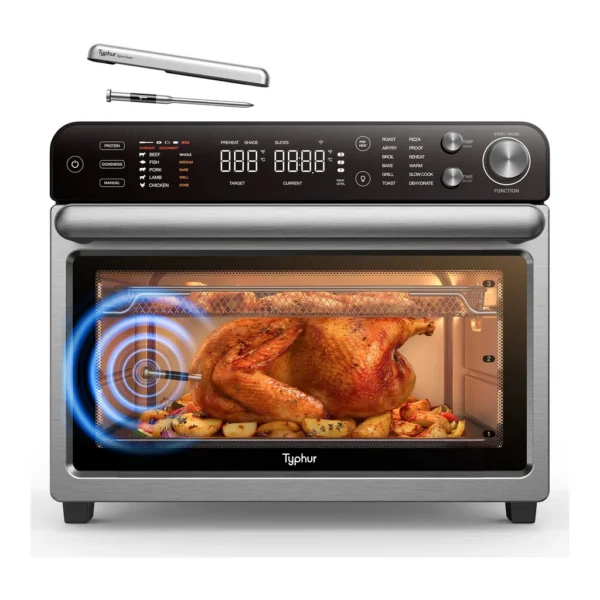 12629053_sd.jpg Typhur - Sync Oven 12-in-1 Air Fryer Oven, 27QT XL with Wireless Probe, Smart Dual-Stage Cooking, Exclusive Adjustable Airflow - Silver with Gunmetal Gray Knobs