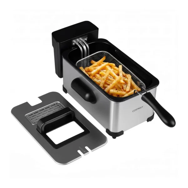 12631549_sd.jpg Costway - 3.2-Qt Electric Deep Fryer with Basket, 1700W LED Touch Screen & 6 Presets, Timer - Silver-Smart Touch Control