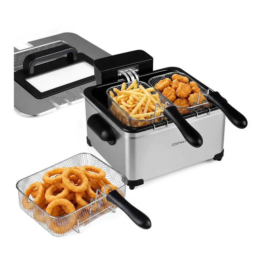 12631551_sd.jpg Costway - 5.3-Qt Electric Deep Fryer with 3 Baskets, 1700W LED Touch Screen, 6 Presets, Timer - Silver