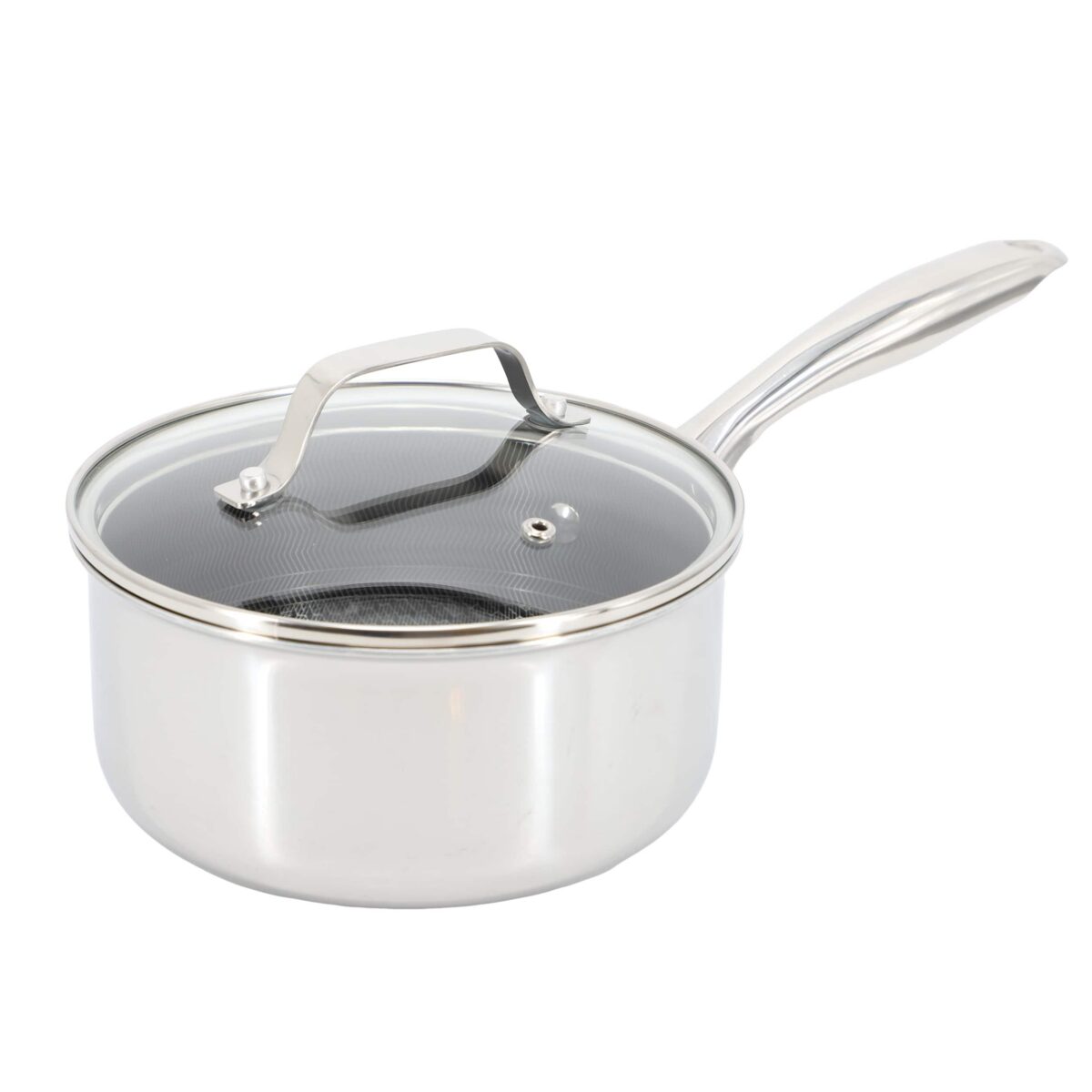 13797718-b746-4d44-9969-711dc6ceca07.jpg Oster - Modessa 2.5 Quart Nonstick Triply Stainless Steel Saucepan and Lid with Honeycomb Design - Silver