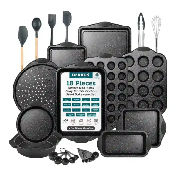 1508c8ba-2ff8-4221-92cc-430a12d3113a.jpg Bakken- Swiss - 18-Piece Kitchen Oven Baking Set: Nonstick Coating, Carbon Steel Bakeware, Silicone Handles, Dishwasher Safe - Gray Marble