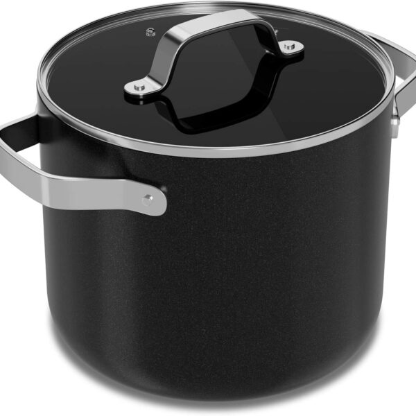 17a88ca1-55c2-4319-8026-d1af794ab490.jpg Bakken- Swiss - 5 Qt Aluminum Stock Pot, Nonstick Ceramic Coating, PTFE & PFAS Free, Oven Safe 500°F, SS Handles, Glass Lid - Black