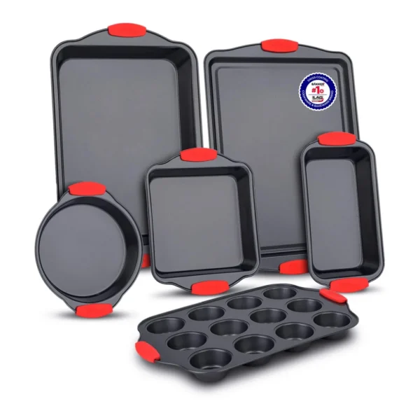 17f0e0b1-ce96-4f35-9db2-6bd07b1714cf.jpg Bakken- Swiss - Baking Set – 6 Piece Kitchen Oven Bakeware Set – Deluxe Non-Stick Coating Inside and Outside – Carbon Steel – Red - Black