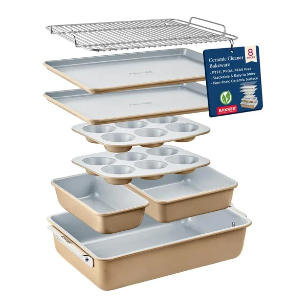19a56453-c56d-443f-a59c-e55b347623c5.jpg Bakken- Swiss - Bakken 8-Piece Bakeware Set – Non-Toxic Ceramic, PFOA/PTFE Free, Stackable, Oven Safe, with Rack & Easy-Grip Pans - Gold