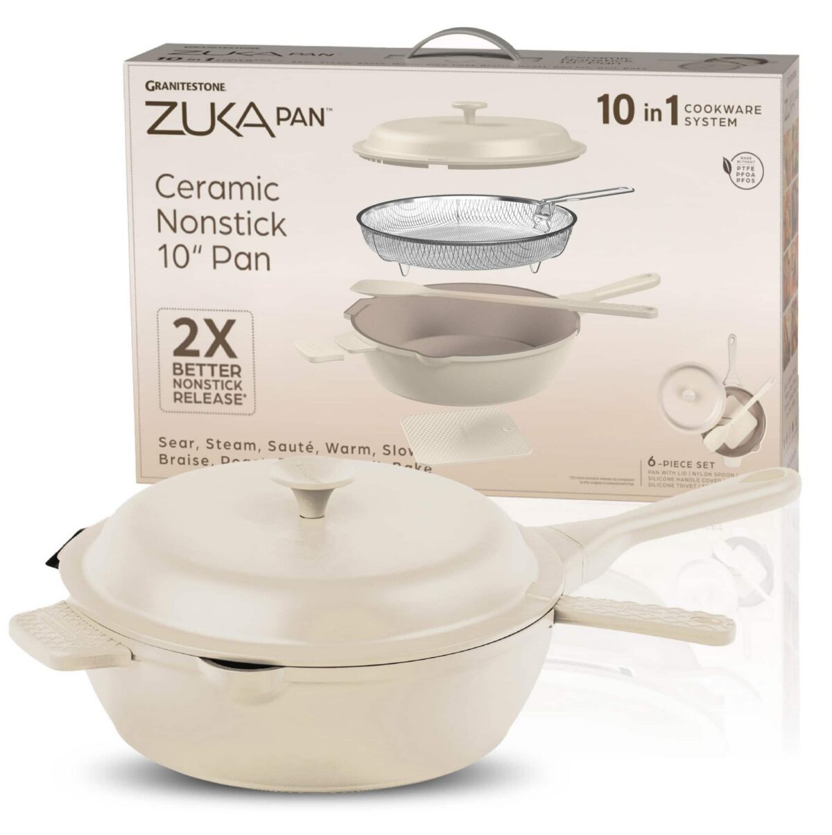 19ba0fff-8b61-49f3-9ad1-d67297f21267.jpg Granitestone - Zuka Everyday Pan 10" Nonstick Multi-Functional Saute Pan with Lid, Nylon Spoon and Steamer Basket - Cream