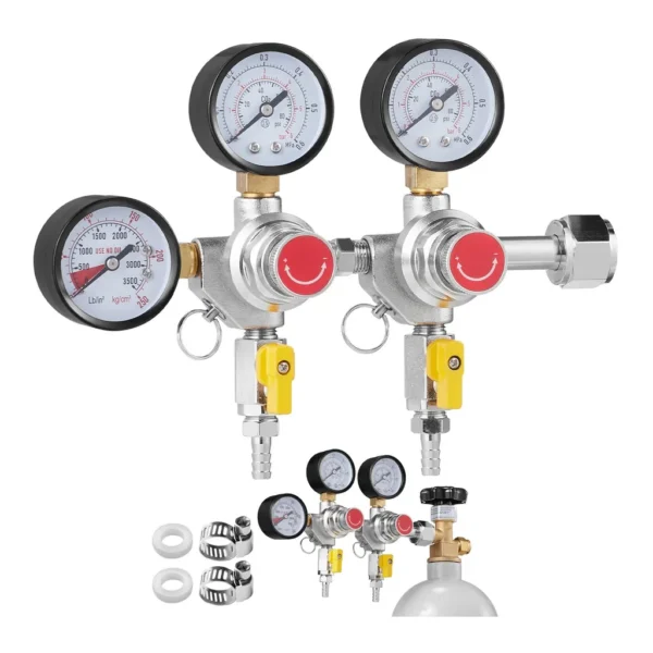 1beb7b0c-3339-4db3-b5f2-dd639ca67e9a.jpg VEVOR - Triple Gauge Regulator, CO2 Regulator Gauge with 0-60PSI, Heavy Duty CO2 Gauge Gas System, Draft Beer Regulator - Silver