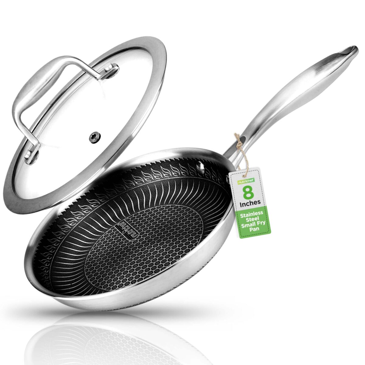 1c4f9f18-90e1-441b-ae35-69ee0947853c.jpg NutriChef - 8" Frying Pan with Lid, Triply Kitchenware, Nonstick, Scratch-Resistant, Honeycomb Pattern - Stainless Steel