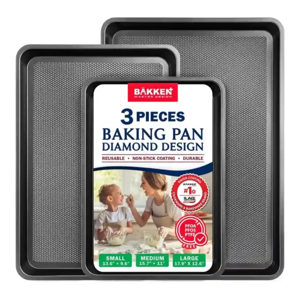 1cea40e1-33ad-448a-99d7-ad83d74bede2.jpg Bakken- Swiss - BAKKEN 3-Piece Baking Pan Set – Nonstick Cookie Sheets, Diamond Texture, PFOA/PFOS/PTFE Free, Oven Safe 450°F - Gray