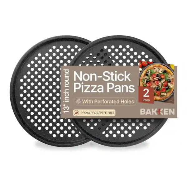 1e424462-37fa-4079-8897-39988237d0be.jpg Bakken- Swiss - Bakken 2-Pack Round Pizza Pans – Perforated Carbon Steel, Non-Stick Marble Coating, Silicone Handles, Easy Clean - Gray