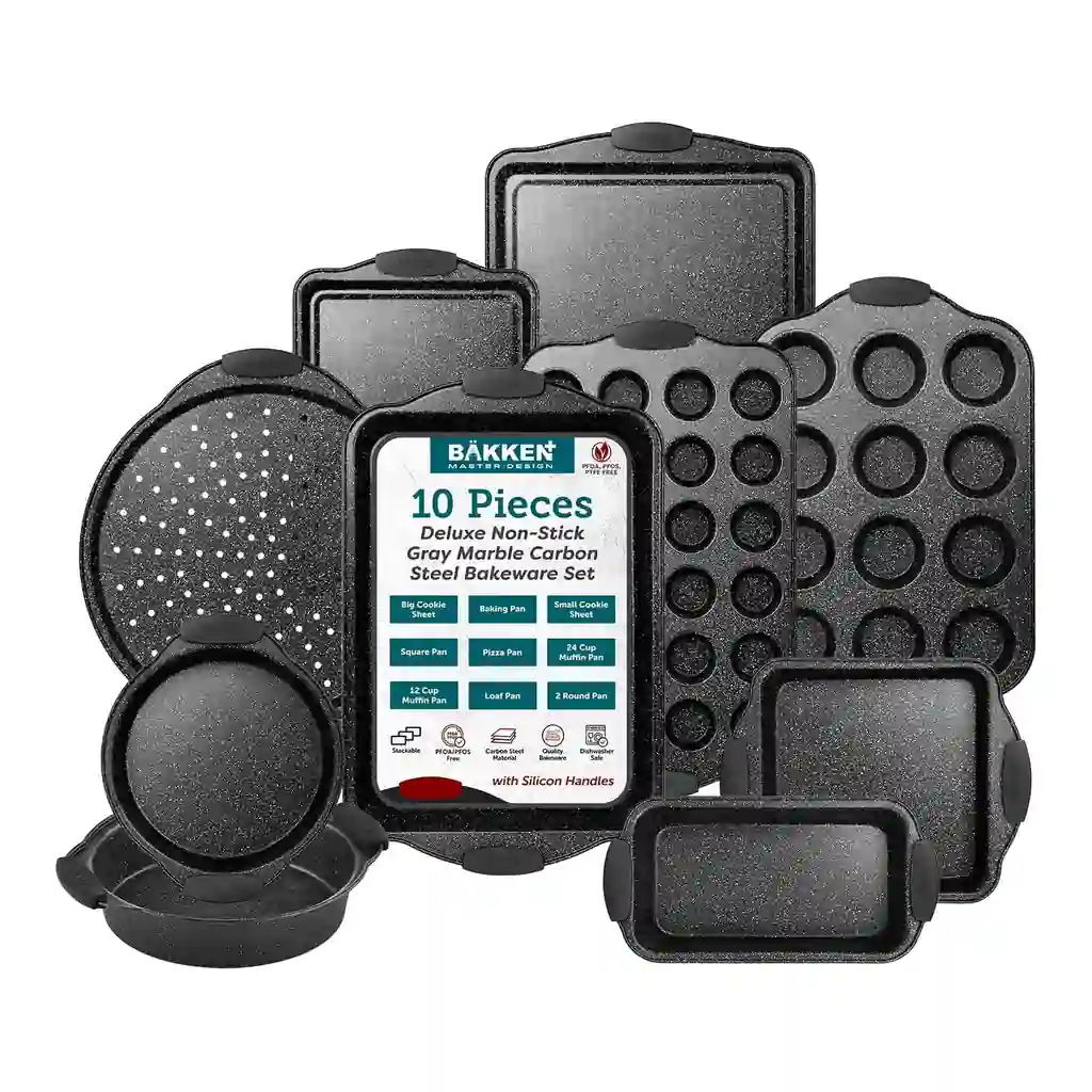20249b50-d85c-4e9b-b445-5101853daaaa.jpg Bakken- Swiss - BAKKEN Kitchen Oven Baking Pans - Nonstick Coating, Carbon Steel Bakeware Set with White Silicone Handles, C - Gray Marble