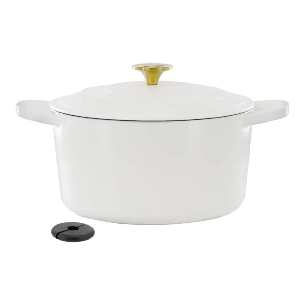20c301d9-5300-40e2-b236-54aa05c245d2.jpg Crockpot - Artisan 6 Quart Enameled Cast Iron Dutch Oven in Matte Linen with Gold Handle - Linen, Gold