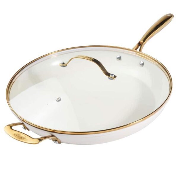 21108353-be6b-4d9c-af14-9b555620e4ca.jpg Gotham Steel - 14" Ultra Nonstick Ceramic Family Pan with Lid and Gold Stay Cool Handle - Cream